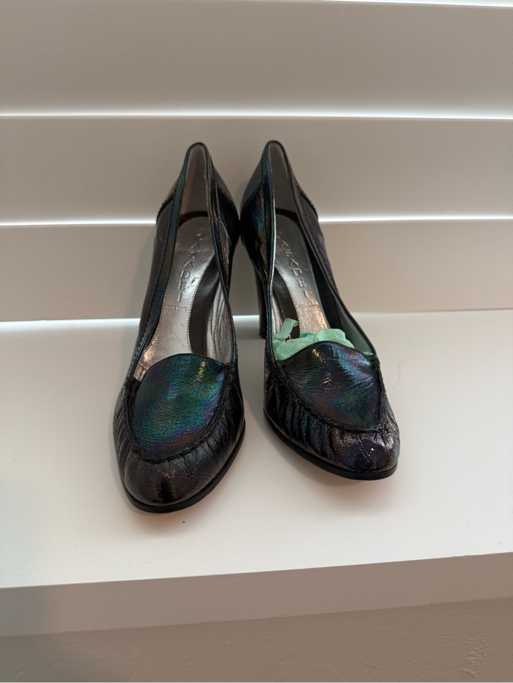 Casadei Iridescent Black Loafer Pumps with Green-Blue Sheen
